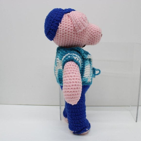 Crochet Knit Stuffed Pink Pig 14 Inch Tall Toy Doll Handmade Vintage - Picture 4 of 9